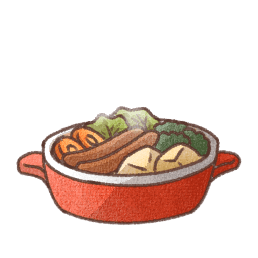 赤い鍋の中にソーセージ、じゃがいも、にんじん、ブロッコリー、キャベツなどの具材が入ったポトフの料理イラスト。やさしい手書き風の温かみのあるデザイン