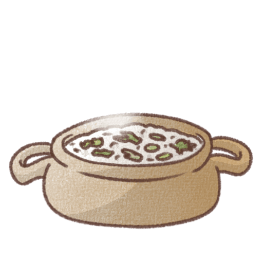 やわらかな手書き風タッチで描かれた七草粥のイラスト。土鍋の中に白いお粥と刻んだ七草が入った、やさしい雰囲気の和風デザイン