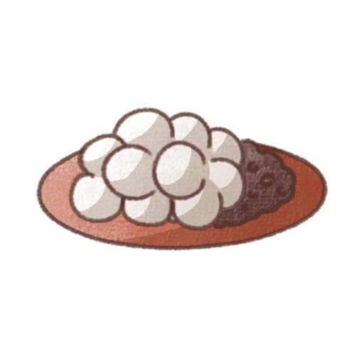 丸い白玉団子が重なり、横に粒あんが添えられた白玉あんみつのイラスト素材。落ち着いた色合いの和風で手書き風のデザイン