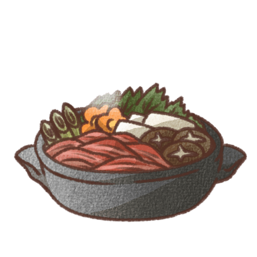 鍋の中に牛肉、しいたけ、豆腐、ねぎ、野菜などの具材が並んだすき焼き鍋のイラスト。湯気が立つ手書き風のあたたかい料理デザイン