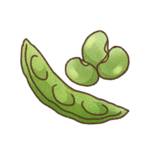 さやの中に丸い豆が入った枝豆のイラスト。さや付きの豆と外に出た豆が描かれた手書き風のシンプルな野菜デザイン