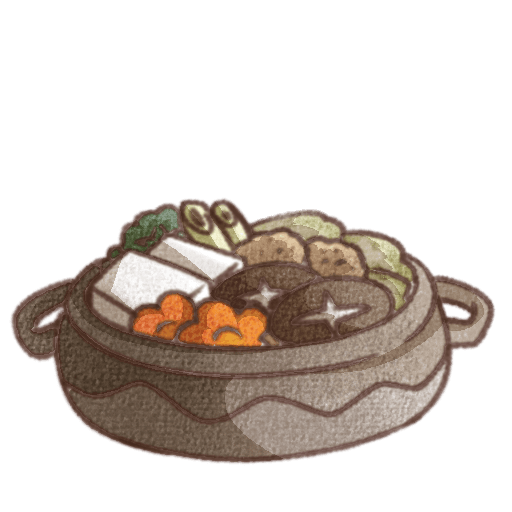 土鍋の中に豆腐、しいたけ、野菜、にんじんなどの具材が入った寄せ鍋のイラスト。あたたかい雰囲気の手書き風で描かれたかわいい鍋料理のデザイン