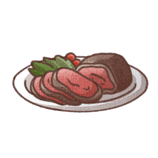 白い皿に盛り付けられたローストビーフのイラスト。スライスされた牛肉と付け合わせの野菜が描かれた手書き風の料理デザイン