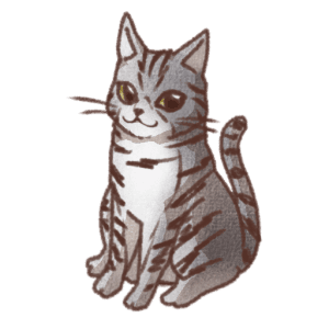 グレーの体に濃いグレーの渦巻き模様が描かれたアメリカンショートヘアの猫の右向きイラスト