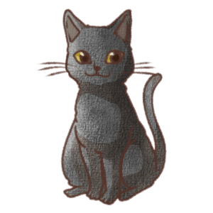 黒い体に黄色い目とピンク色の鼻が描かれた黒猫の正面お座りイラスト