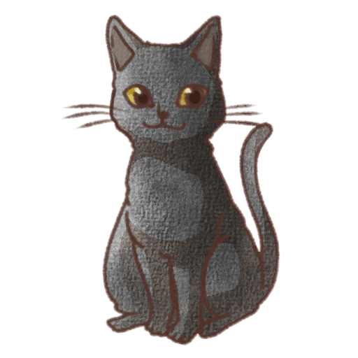 黒い体に黄色い目とピンク色の鼻が描かれた黒猫の正面お座りイラスト