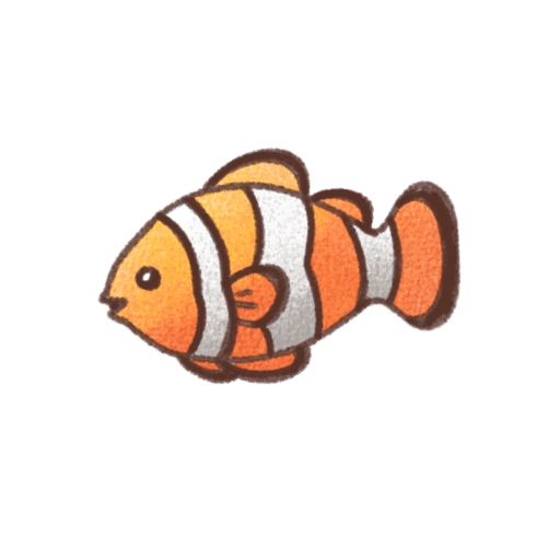 オレンジと白の縞模様が特徴のクマノミが、濃い茶色の背景の上に描かれた魚のイラスト。やさしいタッチで表現された手書き風のかわいいデザイン