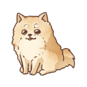 薄茶色のふわふわした毛並みと黒い目が描かれたポメラニアンの正面を向いたイラスト