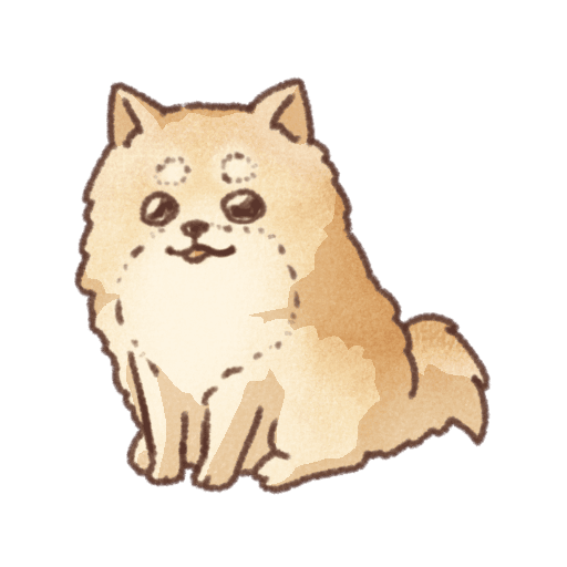 薄茶色のふわふわした毛並みと黒い目が描かれたポメラニアンの正面を向いたイラスト