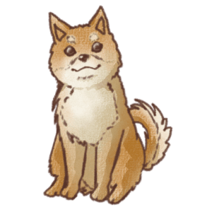 茶色と白の毛並みに黒い目とくるんと丸まった尻尾が描かれた柴犬の正面お座りイラスト