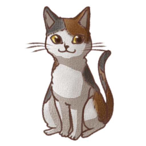 白・茶色・グレーの模様がある体に黄色い瞳が描かれた三毛猫の正面お座りイラスト