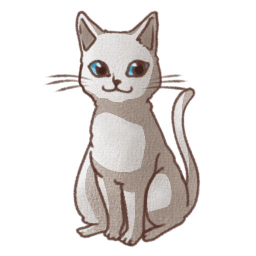 白い体に青色の瞳のみが描かれた白猫の正面お座りイラスト