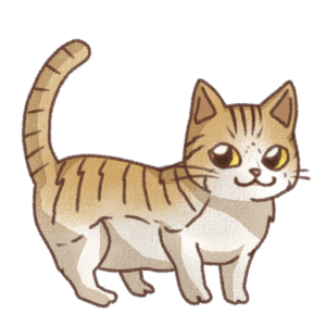 茶色と白色の毛並みに濃い茶色の縞模様と黄色い目が描かれた短い足の猫の右向き立ち姿イラスト