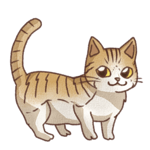 茶色と白色の毛並みに濃い茶色の縞模様と黄色い目が描かれた短い足の猫の右向き立ち姿イラスト