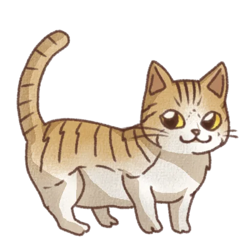 茶色と白色の毛並みに濃い茶色の縞模様と黄色い目が描かれた短い足の猫の右向き立ち姿イラスト