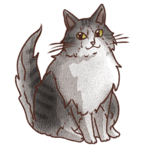 グレーと白の長い毛並みに濃いグレーの縞模様と黄色い瞳が描かれた猫のお座りイラスト