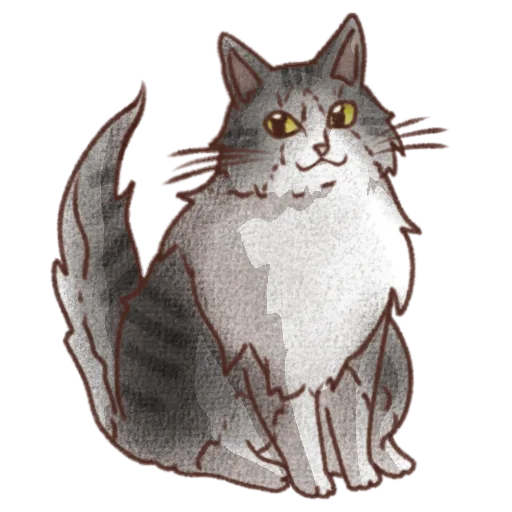 グレーと白の長い毛並みに濃いグレーの縞模様と黄色い瞳が描かれた猫のお座りイラスト