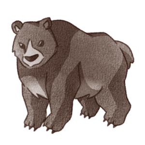 茶色い体に顔や胸元の白い模様が描かれた四本足で立つクマのイラスト